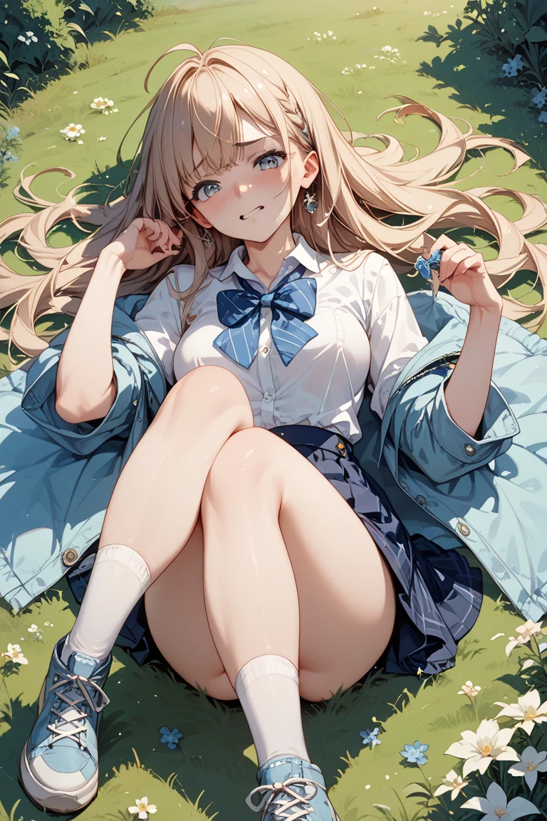 masterpiece, highest quality, High resolution, 14-year-old girl、blue eyes、
blonde, Braiding、uniform, White shirt, Check skirt, White panties、garden、Lying on the grass