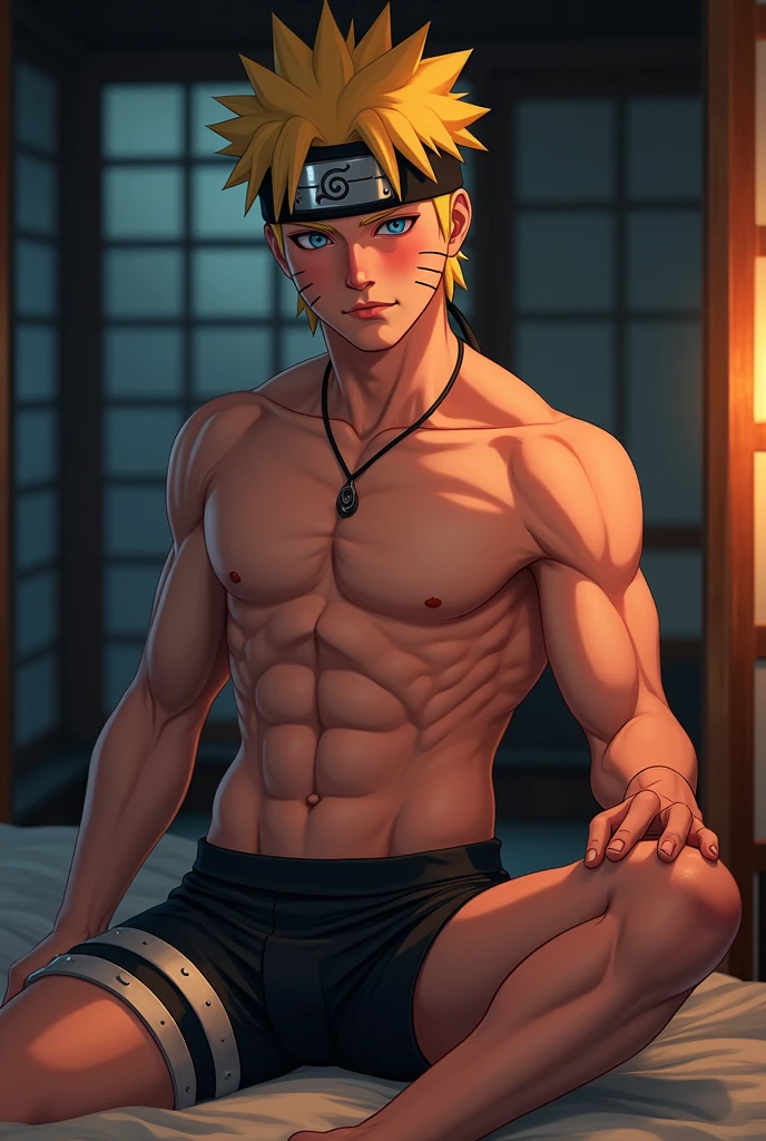 Naruto Uzumaki is sitting and flexing his thighs in black boxershorts.