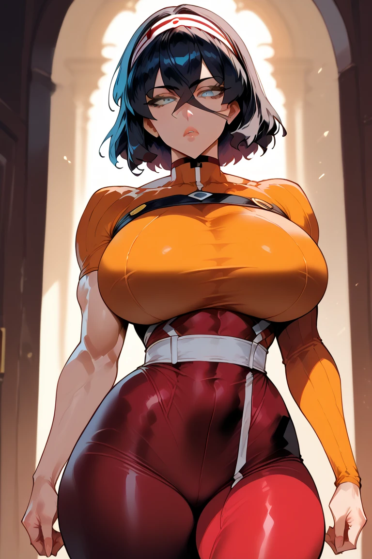 1goat girl, muscle body, goat ears, golden horns, short brown hair, perfect eyes, scars on the body, blue eyes, serious face, glasses, warrior clothing, red and black top, bandage in the arms, red fingerless gloves, red and black pants, black shoes, red spear with black details in the hand, big breasts, big ass, forest background
