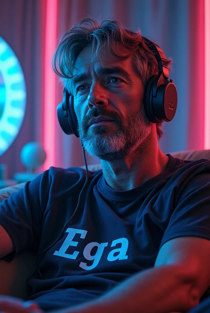 Mature man with short curly hair and large headphones over ears, from above and the back, on a smokey wide open stage facing a starry night. Photographic, cinematic, vintage