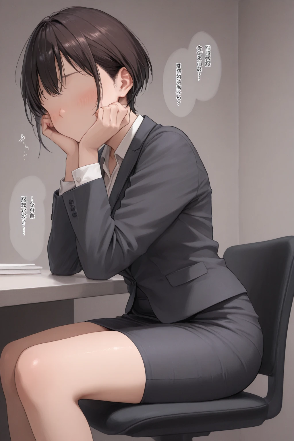 (1 person、solo), Beautiful woman, Anatomically perfect body, Slender、(blouse)，(office lady、pants suit:1.1), (Place your hand on your chest), (Leaning forward)、Are standing、(Look down:1.2), 20-year-old、(highest quality)、Black Hair, (half updo)、(8k, High resolution)、(shy:1.4)、(steam:1.1), (embarrassed:1.3), multiple angles、(Inner thighs)、(Close ~ eyes), (My crotch is wet), Erect nipples