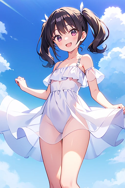 Very detailed, Highest quality, High resolution, Moe Anime, ((Two little girls in see-through bikinis hugging each other:1.2)), (Black Hair:1.4), (Baby Face), Cute eyes, Detailed eye depiction, Eyes sparkling, Dark eye color, View your audience, Pale skin, (Big eyes:1.4, Droopy eyes:1.4, Torogao:1.4), Focus on the face, In the pool, ((The lower half is naked)), Bright Eyes, ((Nipples are visible through the fabric)), ((Petite)), ((Young)), ((nsfw:1.2)), (Flat Chest:1.4), ((Different hairstyles:1.4)), smile, (From below:1.4)