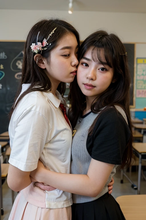twogirls, meninas kissing, 100 cm, best possible quality, detailded, Kiss, at school, whole body,  outfit, realisitic, real, long hair, detailed outfit, skin detailed, pele realisitic, cabelo detailded e realisitic, , good lighting, real light, dress and skirt, long hair, kissing, Kiss, 