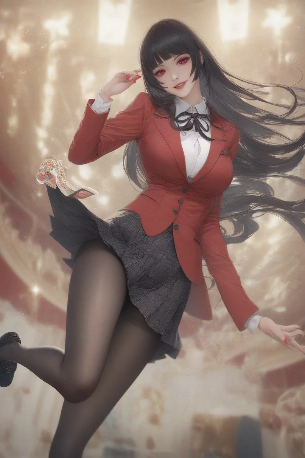 (masterpiece, highest quality:1.2), 1 girl, alone,Are standing_Split,,(masterpiece, highest quality, Realistic, High resolution, photo shoot, :1.3), run-6500-v1.1, (RAW Photos:1.2), (PhotoRealistic), Beautiful detailed girl, Very detailed目と顔, Beautiful and detailed, Large file size, High resolution, Very detailed, highest quality, [masterpiece:1.6], Raising awareness, Very detailed,One Girl,(masterpiece: 1.4, highest quality), (Intricate details), unity 8k wallpaper, Very detailed, Beautiful and mysterious, Detailed Background, Realistic, ((masterpiece:1.4)、(highest quality:1.4)、(Realistic:1.7))、Masseter region:1.4、比類のないmasterpiece, Ultra-realistic 8K CG, Perfect artwork, (Original photo:1.2),(Realistic:1.4),Beautiful detailed girl,Very detailed eyes and face,Beautiful details in the eyes,Ridiculous,incredibly Ridiculous,Very detailed,High resolution,Very detailed,highest quality,masterpiece,figure,Very detailed,CG,Unified,8k wallpaper,wonderful,The finer details,masterpiece,highest quality, Perfect lighting,1 girl, (((Kakegurui Yumeko))),Long Hair, Blunt bangs, Red eyes, , Red jacket, pantyhose, White shirt, Black Ribbon, Pleated skirt, Wicked Smile, Outdoor, Dynamic pose