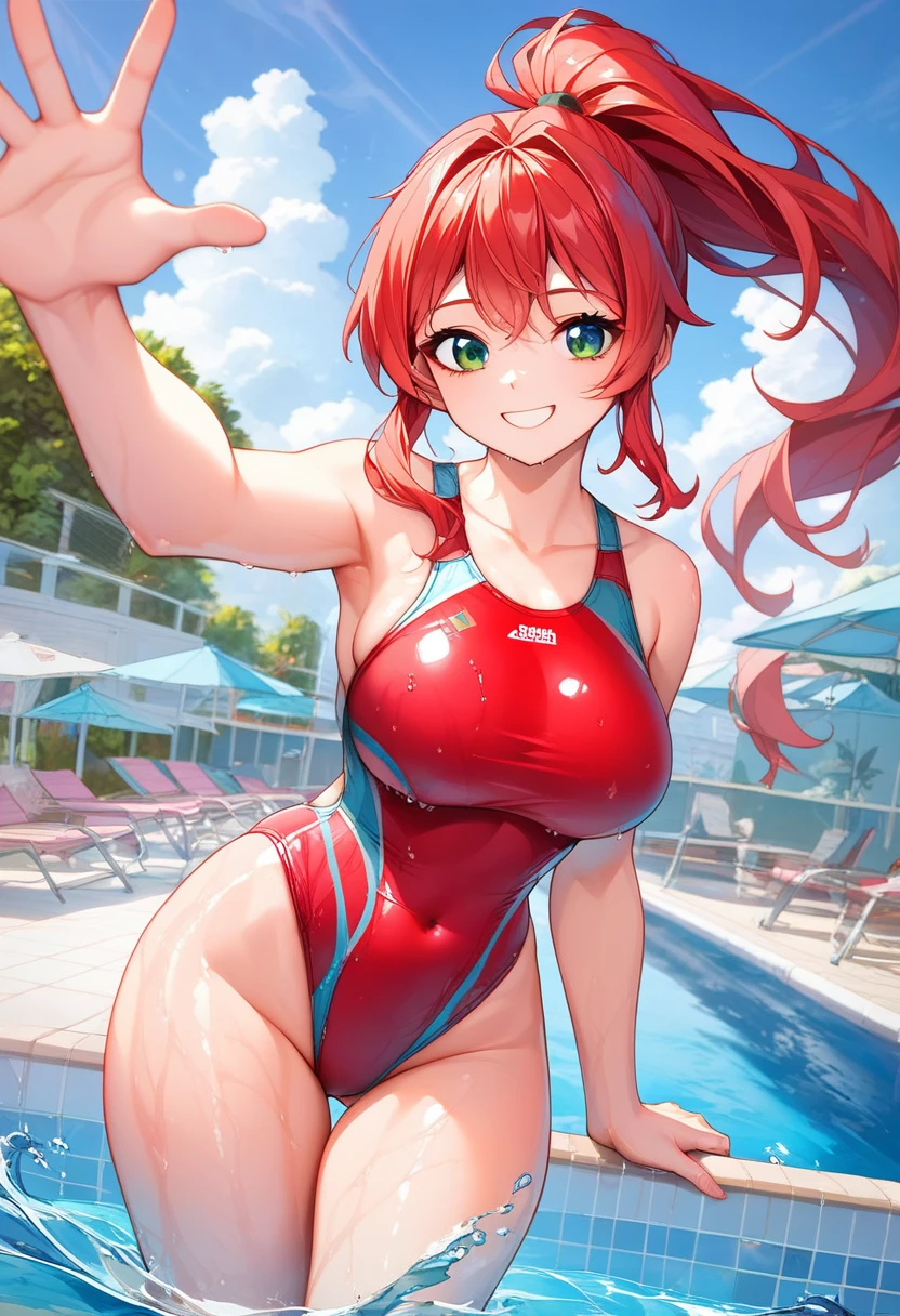 score_9, score_8_up, score_7_up, source_anime,1 girl, red hair,  medium hair, bungs, long bungs, green eyes, big , wide , thick thighs, Shiny Skin, Smile Yan, light Smile Yan, wave, Pool、swimming、 competitive swimsuit, Red swimsuit, Wet, Pool,  legs,  big  , Insert panties while shifting your thick , The constriction is perfect and prominent, Wet体 ,ponytail、 day, , , Shy、boobs、Model-like appearance、Shy、Smile、Hands Outstretched