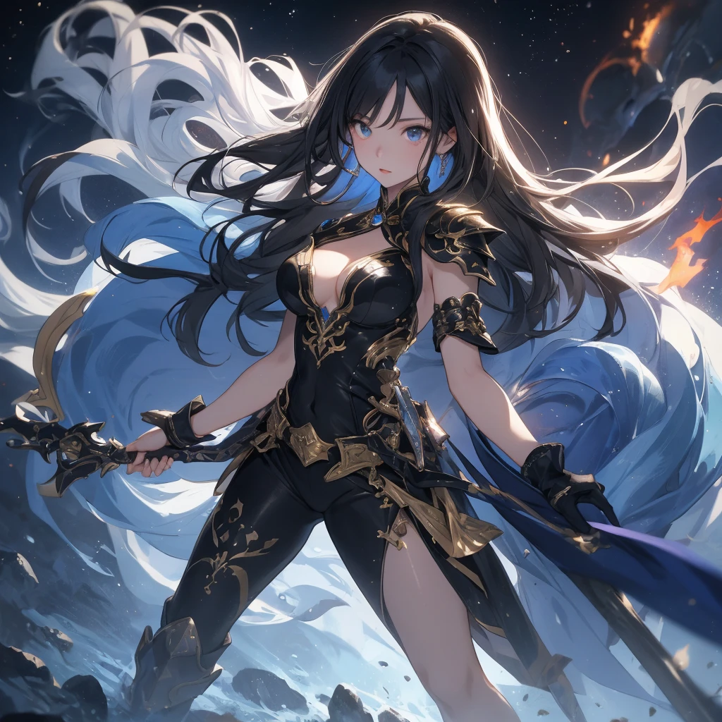 masterpiece, high quality, 4K, Beautiful design, silhouette,bionde, Highly Detailed Starry Sky at Night,Cold ice world, wonderful, Finer details, Very knowledgeable woman, Highly detailed solo, 1 female,Big Breasts,Butt Emphasis,High-neck dress,Sleeveless,Night view,Starry Sky,full moon,firework,