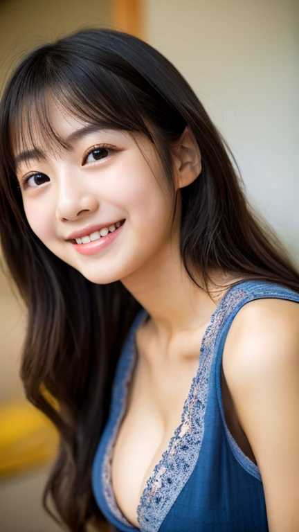 masterpiece,best quality,(Japanese ),((Beautiful girl)),cleavage,indoor,(perfect body beauty:1.2),(shy smile),beautiful teeth,