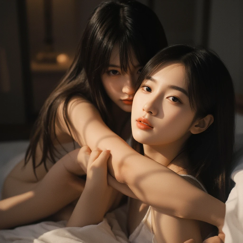 ((high detailed)), ((masterpiece)), ((best quality:1.2)), ((hdr)), ((absurdres)), ((RAW photo)) ((realistic)), 2girls, hugging, beautiful, kissing, sitting, naked, sexy, half closed eyes, <lora:add_detail:0.8>