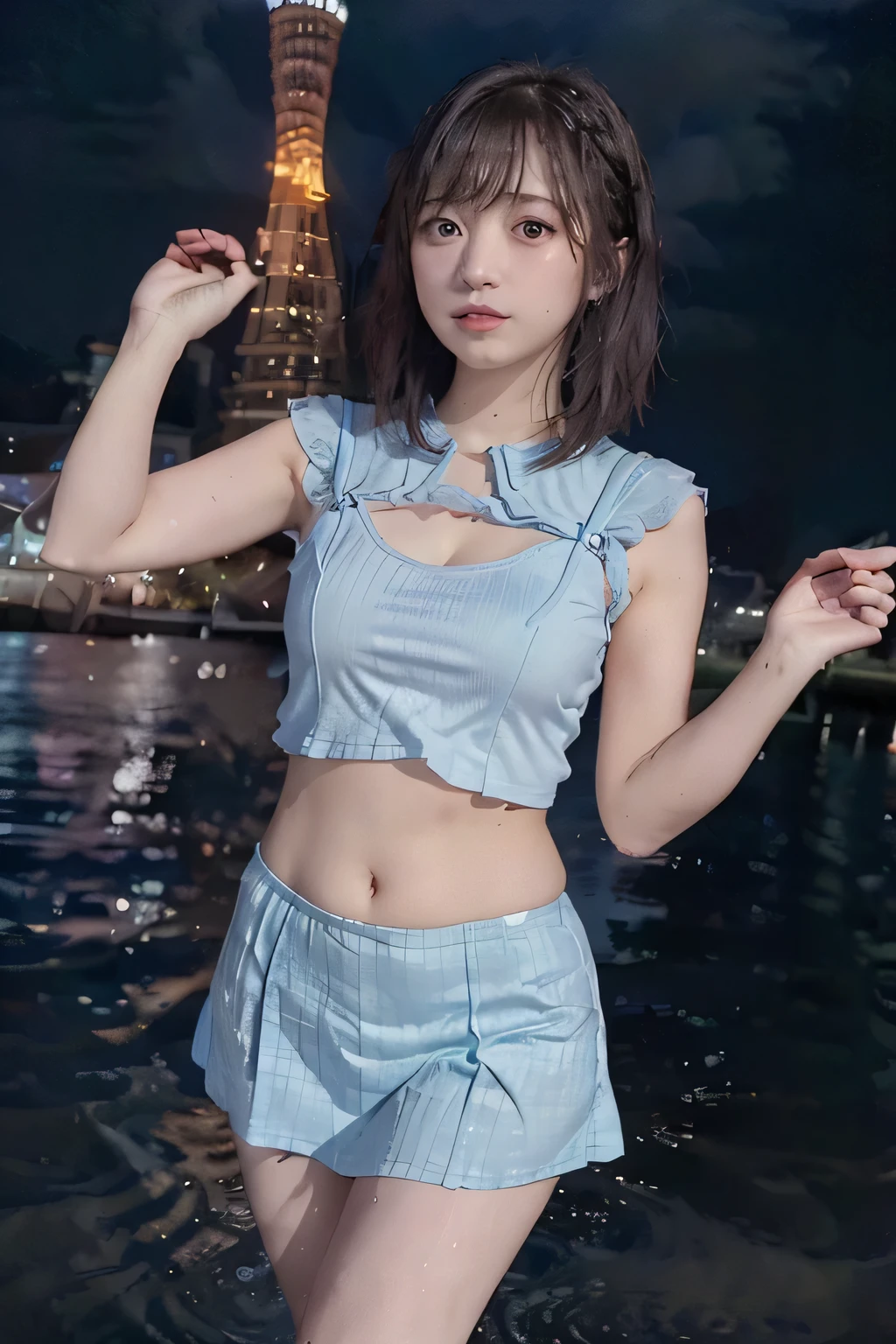 8k, raw photo, best quality, hires, realistic, photorealistic, extremely detailed 8k wallpaper, beautifully detailed eyes, finely detailed face,
 BREAK 
rim lighting to curves, bokeh,
 BREAK 
perfectly anatomically correct:1.2,
5 beautiful thin fingers:1.2,
 BREAK 
(vertical porttower arches elegantly the scene:1.2), kaiyomuseum,
porttower's illumination is soft lights, vivid reflection on the rippling surface of the harbour below,
(the summer sky with cumulonimbus-clouds above is painted in subtle gradients of dusky blue and orange:1.2),
as the gentle interplay of light on water creates a mesmerizing dance of colors,
a series of stainless deck on the left side line are adding depth to the foreground the water's edge,
the scene exudes a calm and reflectives mood,
 BREAK 
1 female,
kawaii, cute anime face, short bob cut,
looking back viewer,
short suede skirt:1.2, fabric straining tightly over gentle plump curves,
tight elastic belt emphasizing a defined silhouette,
curvy hip silhouette with ideal ellipse shape:1.0, softly rounded lower flesh:1.0,
sheer fabric polo shirt,
symmetrical face line, stereoscopic projection of face,
symmetrical clear eyes, [chocolate color eyes with sparkling highlights],
wide-set eyes, tareme, [[gentle narrow eyes, moderate eye bags, double eyelids, reverse banana-shaped round eyes]],
small round face, [blush, embarrassed, healthy skin color], [[rounded jaw, heavy lips, small nose, [oval-shaped face, chiseled face]]],
[brushing flowing hair],
 BREAK 
dynamic low-angle shot from behind:1.3,
(matching lighting with scenery, warm ambient highlights on curves, seamless integration with waterfront ambiance),