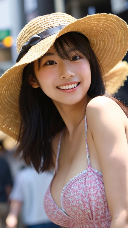 masterpiece,best quality,(Japanese ),((Beautiful girl)),cleavage,(perfect body beauty:1.2),(shy smile),beautiful teeth,(straw hat),(seaside),