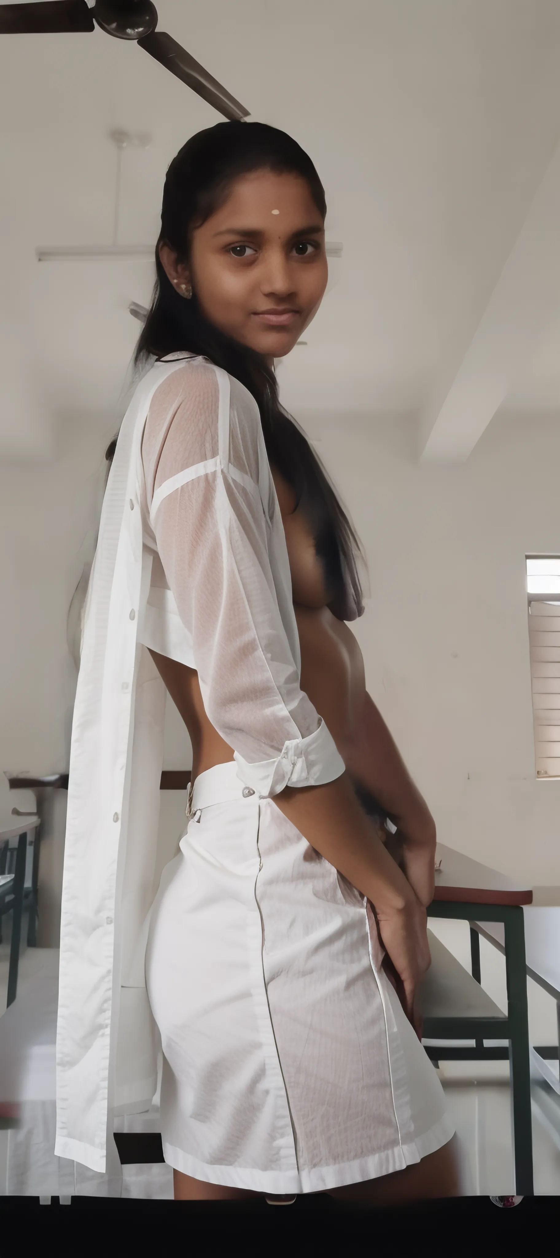 A thin Latina 16-year-old nun (White skin) (black hair), waist measures 24 inches, and my... bust is 38 inches." "And my hips are 40 inches..." beautiful face, (perfect skin) angelic face, wearing mini babydoll
