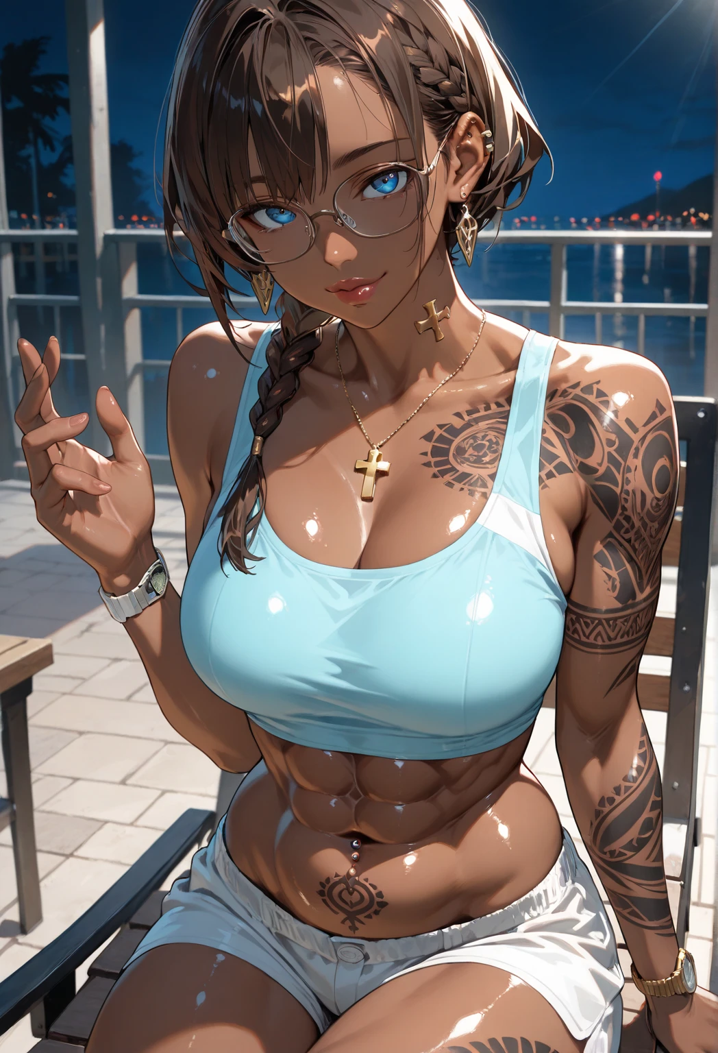 a beautiful woman, slender and curvy, (detailed large breasts:0.75), slightly toned stomach, ample hips, insanely detailed accentuated big booty, thick thighs, ((realistic skin:1.5))), tribal meets bohemian, tattoos, piercing, bohemian jewelry, modern, she is so cute and curvy, raw, seductive, mixed of colors and materials, intricate details, fashion photography, highly detailed, highest quality,