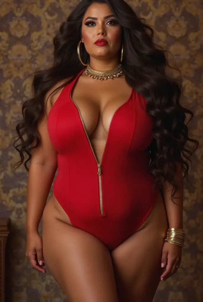 Voluptuous hispanic-english model, caucasian, crimson navel-deep leotard