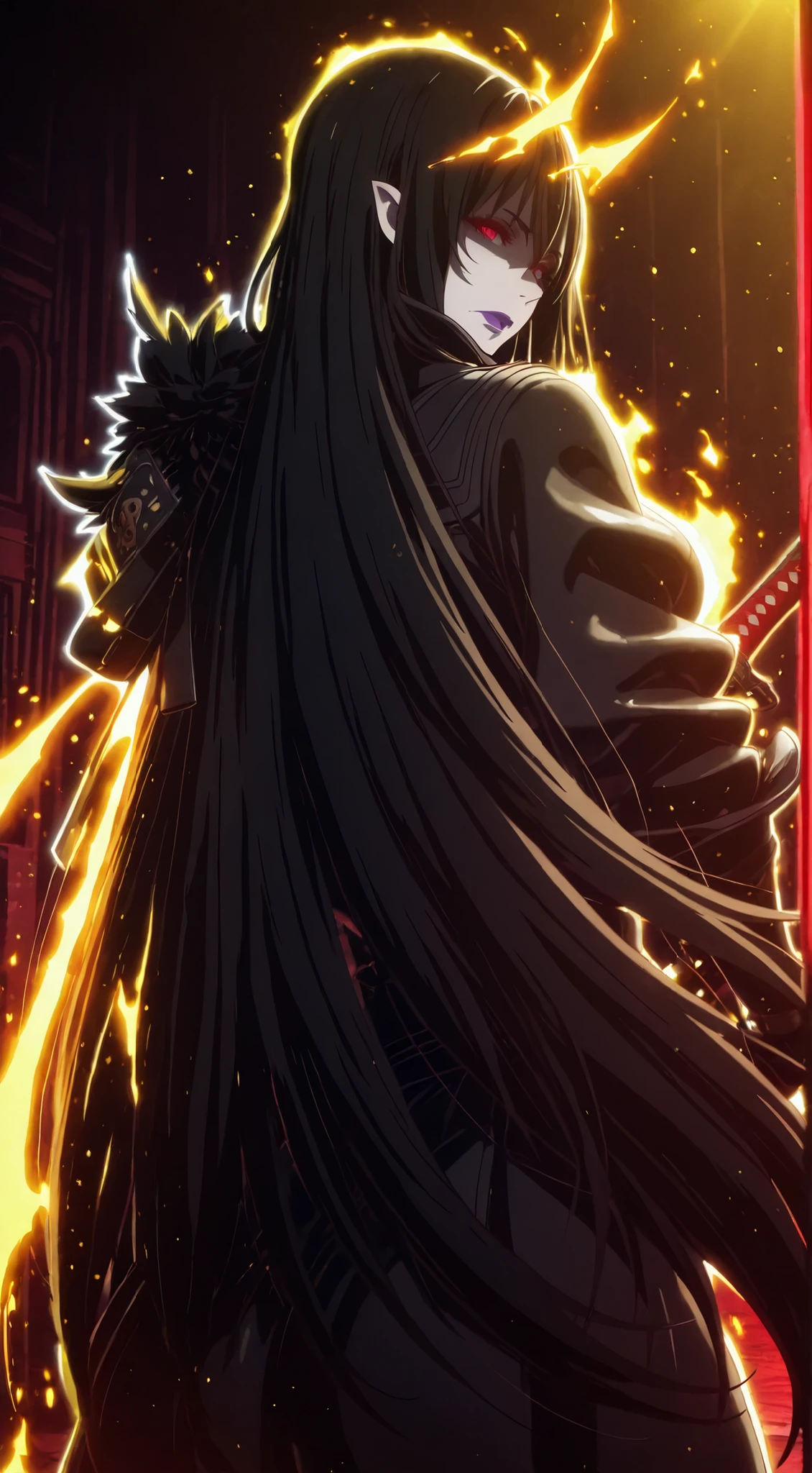 (jam-orbital-style:1.2), (zonda_(solid_air)-style:1.2), ((anatomical correct)), ((Cinematic, unreal engine, eye-catching, ambient occlusion, UHD, masterpiece)), ((perfect lighting, soft shadow)), perfect body, perfect eyes, perfect fingers, gasping, heavy breathing, gasping profusely, ((skindentation)), ((curvy)), enigma, vampire, long hair, ((black hair)), hair between eyes, red eyes, pale skin, purple lips, lipstick, pointy ears, big breasts, (voluptuous:1.5), (mature female:1.5), ((white outline)), (aura), (black aura:1.2), 1girl, weapon, sword, holding_weapon, solo, holding, holding_sword, looking_back, looking_at_viewer, glowing, katana, armor, sheath, from_behind, closed_mouth, unsheathing, gloves, long_sleeves, japanese_armor, glowing_weapon, black_gloves, standing, drawing_sword, shaded face, gothic style