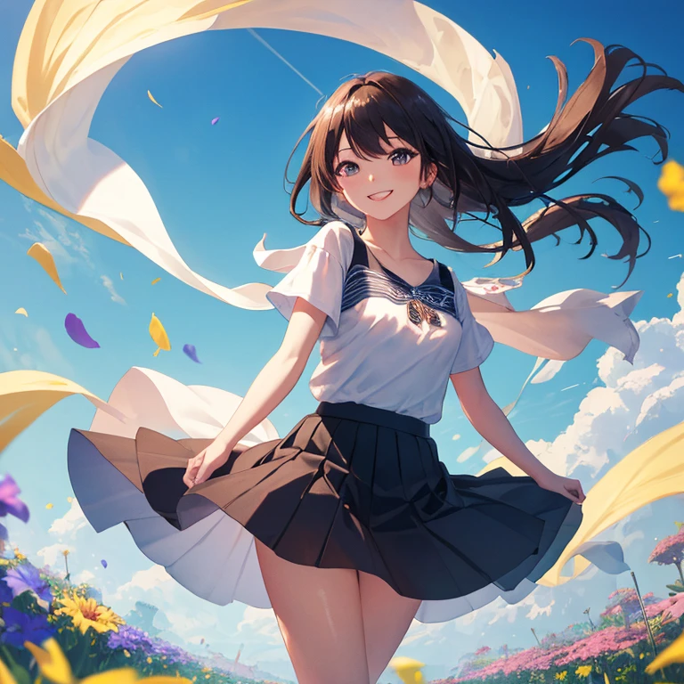 in 8K、top-quality、masterpiece、ultra-detailliert、Ultra-high resolution、Anime style、1 High School Girl、Uniforms、Pampas grass steppe、fullmoon、moonlights、Check skirt、Skirt flipping in the wind、dance、A delightful、perspiring