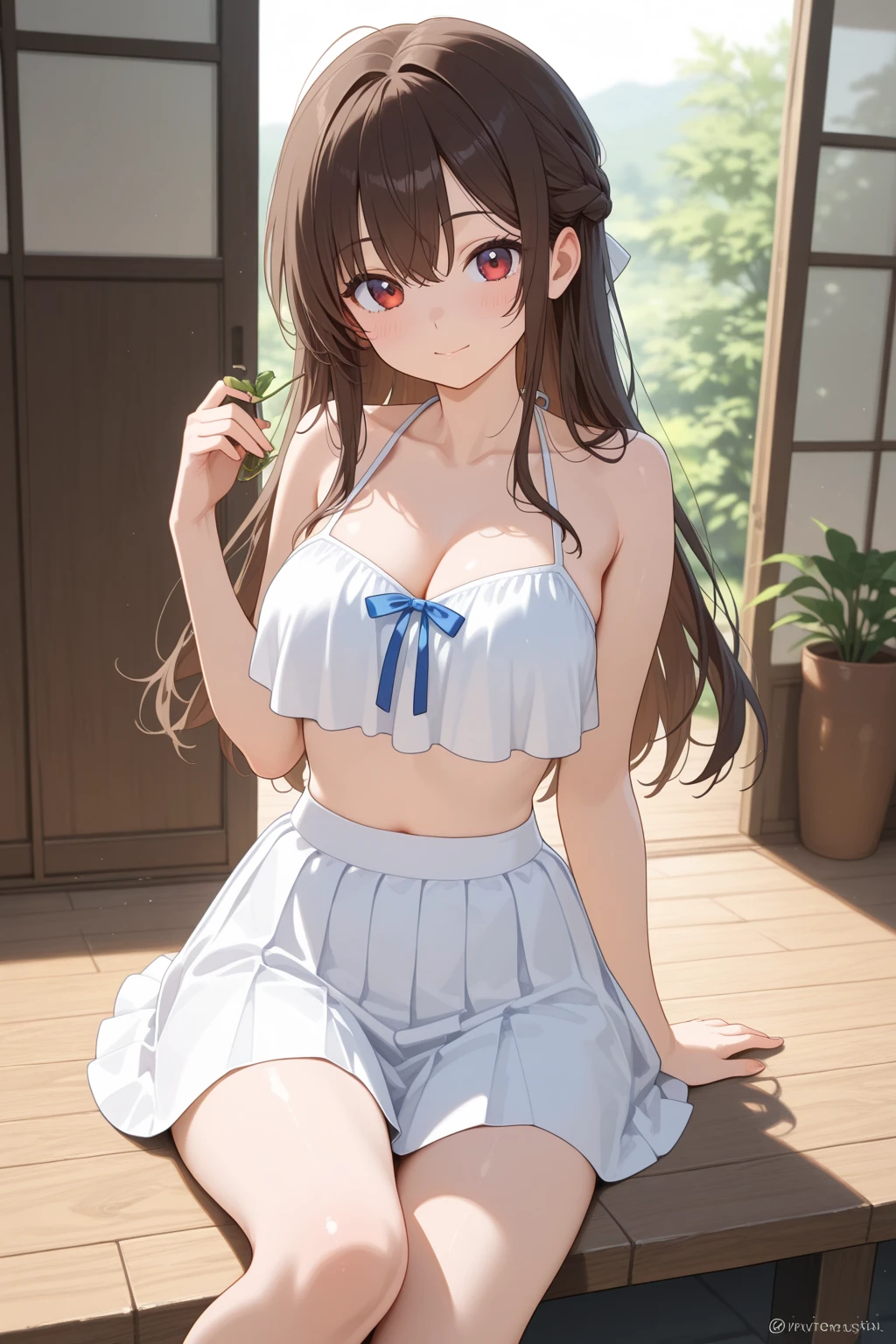Reimu Hakurei, (Brown eyes:1.5), Brown Hair, bow, hair bow, Hair Tube, Long Hair, red bow, Side Lock,
Blake Ascot, (((Cute white bra、Cute white panties)))、Sit on a chair、
BREAK Watch Viewers,blush、Surprise face、
Outdoor rest, shrine,Cowboy Shot,Smile Break (masterpiece:1.2), Highest quality, High resolution, unity 8k wallpaper, (figure:0.8), (Beautiful attention to detail), Highly detailed face, Perfect lighting, Highly detailed CG, (Perfect hands, Perfect Anatomy),Dynamic pose,
