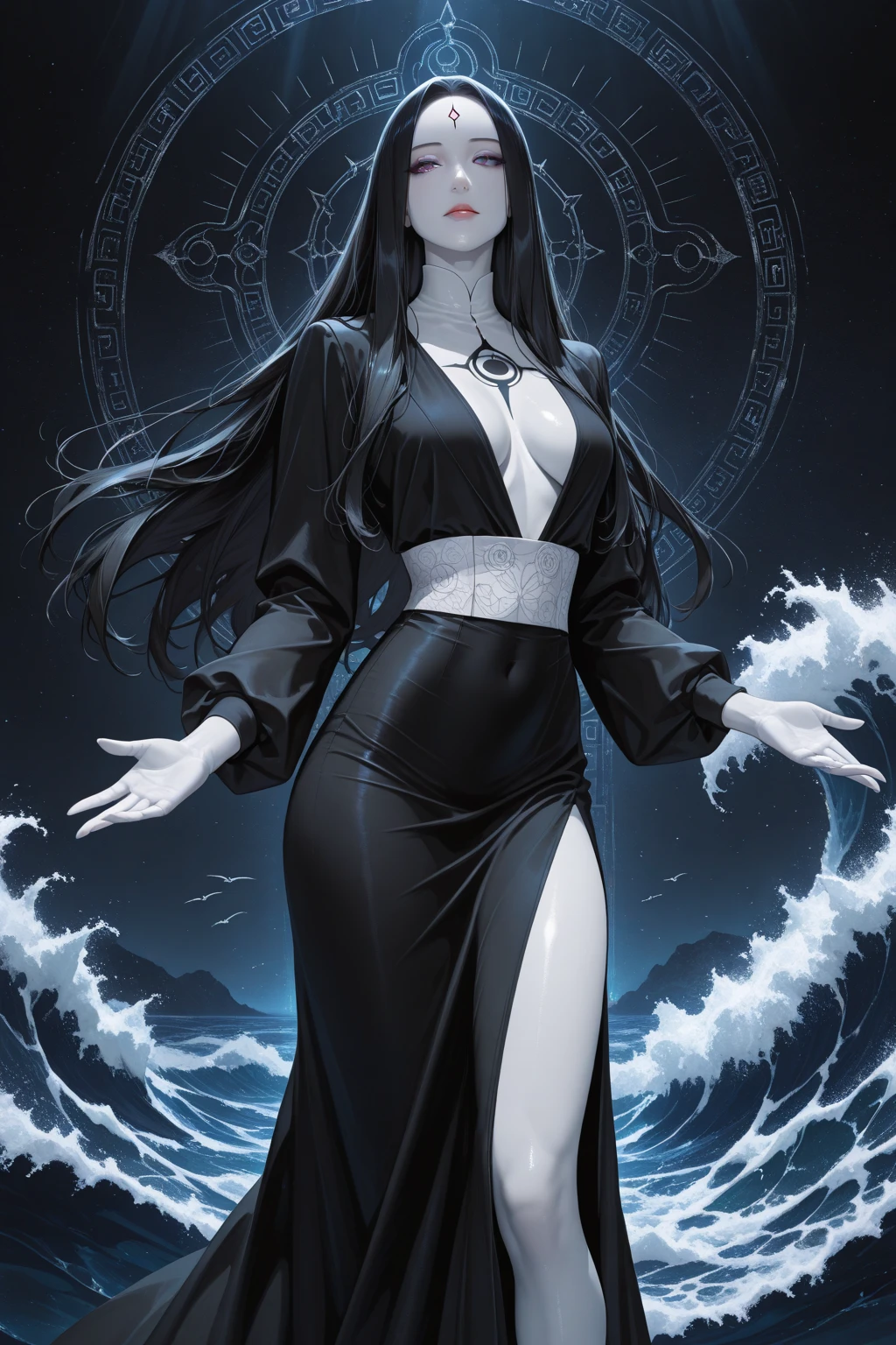 ((masterpiece,best quality)), absurdres, Rule63_Hades_Disney, solo, grey skin, smiling, smug, fiery hair, blue fire, looking at viewer, cowboy shot, cinematic composition, dynamic pose