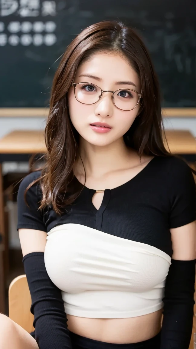 (Masterpiece, Highest quality:1.2), 8K, beautiful girl, 85mm,OFFICIAL AR RAW PHOTO, young face、big breasts、Show me your ears..、photography, Cute face, thigh, classroom after school, looking at the audience, Embarrassing、smile、 makeup, Film texture, Chromatic aberration, Sharp focus, face light, clear light, ten generations, detailed face, background bokeh、((((((15 year old high school girl))))))、Thin waist., bare chest, Not wearing a shirt, Completely naked, Pig's leg, Girl with glasses