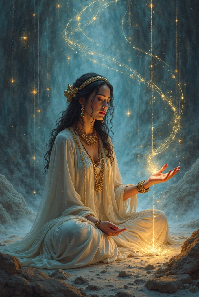 A mystical and vibrant representation of The Age of Aquarius, centered on global spiritual unity, showing an ethereal atmosphere against a background showing a starry sky with soft shades of blue and purple, creating a calm and serene atmosphere. In the center, a majestic and androgynous figure, with an almond-shaped face, high cheekbones, adorned with loose, curly dark honey-colored hair and skin of a warm, golden tone, crouching, carrying a vase with water and pouring a flow of water that becomes in soft light and energy, which spreads harmoniously throughout the world, echoing the celestial rhythms. Featuring intricate, ornate patterns and curvilinear lines that evoke a sense of dynamic energy and spiritual awakening. Around the central figure, the scene suggests a global connection without using specific religious symbols. The energy that emanates from water symbolizes a unified spirituality that transcends differences and connects all humanity. The image conveys a feeling of peace, hope and spiritual evolution, with an elegant and serene aesthetic.