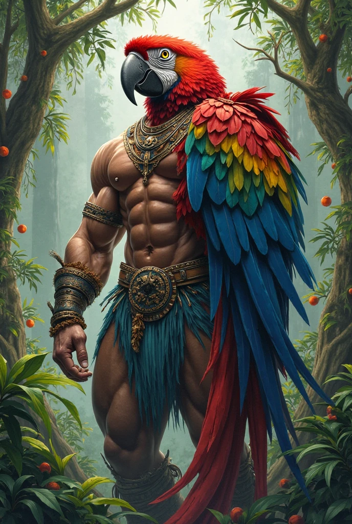 Humanoid character, brown skin, Tupi Guarani amulets, parrot macaw wings, and human body, tall body and covered with feathers, forest scenery by the dol, bright colors, 8k quality, cinematic focus, trend in artstation