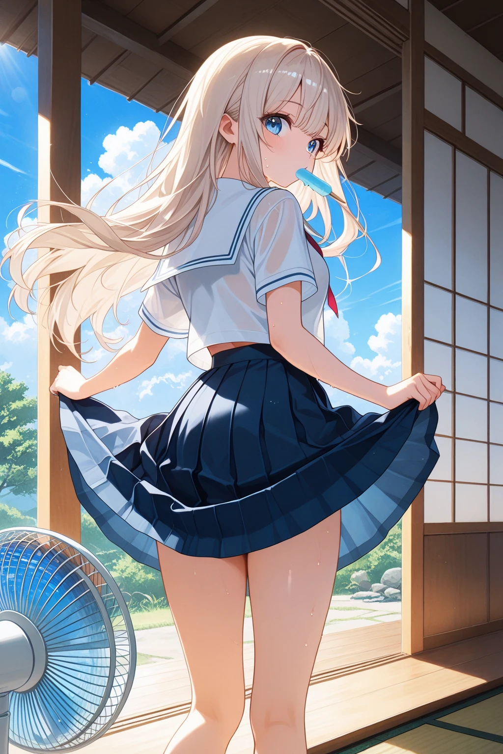 Rear view、panty shot、sailor suit、Beautiful Girl Magician、blonde twintails、((whole body))、(((photo taken from below)))、garden