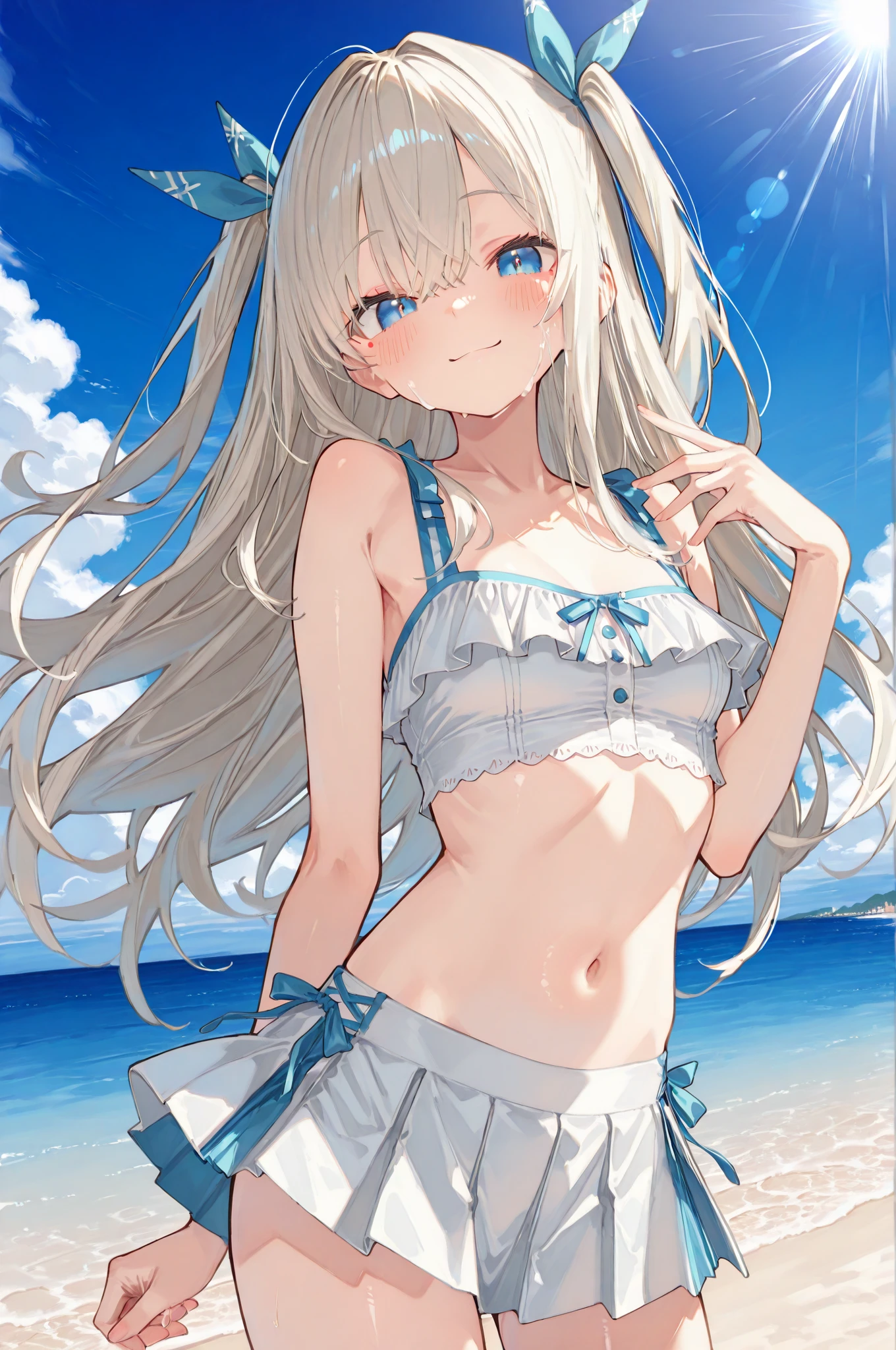 <lora:KugaAsahi:0.4>kugaasahi, 1girl, air_bubble, ass_visible_through_thighs, white_bikini, bikini_skirt, blue_eyes, blue_sky, blush, bracelet, breasts, flat_chest, bubble, bubble_blowing, cloud, cloudy_sky, day, freediving, frilled_bikini, frills, long_hair, collarbone, looking_at_viewer, navel, ocean, open_mouth, outdoors, partially_underwater_shot, blonde_hair, sky, small_breasts, smile, solo, splashing, submerged, swimsuit, underwater, water, water_drop