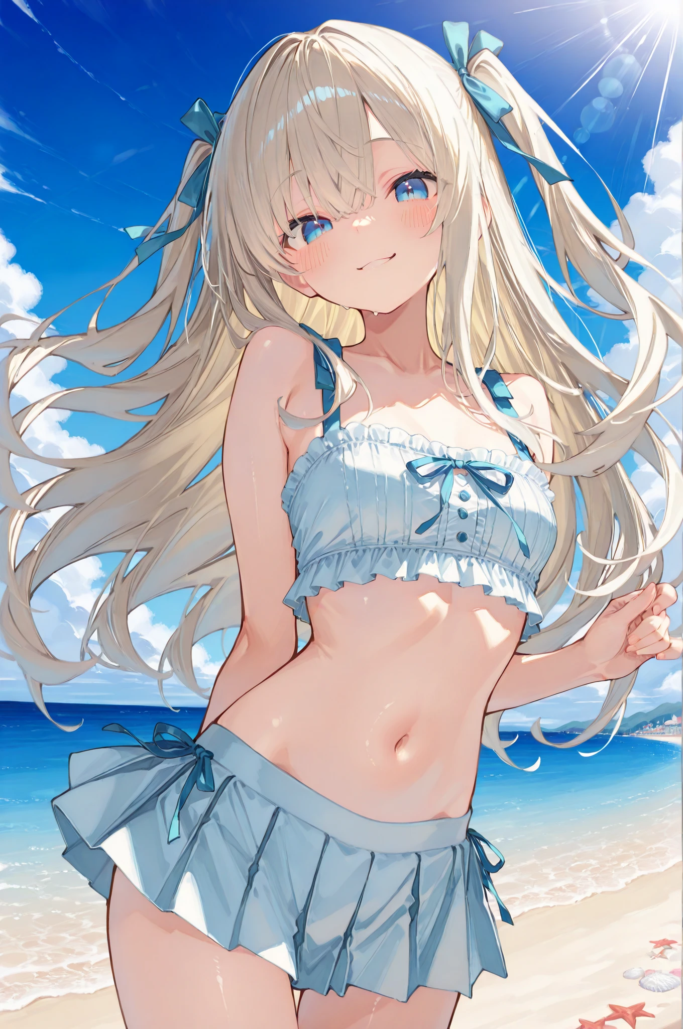 beautiful 1 girl, whole body, adolescent, Alone, (very long blonde hair to the waist, straight, by rubio: 1.28), ((light blue eyes)), clear skin, (big dark fox ears: 1.35), pale skin, medium breasts, neckline, (thin hips, thin waist , athletic body: 1.25),  bottom, looking away, (usando Alone un bikini: 1.5), groping the chest, kneeling in the sand, Masterpiece, Best Quality,trabajo de renderizado 2D ,3DMM style, close up, portrait, 2D,