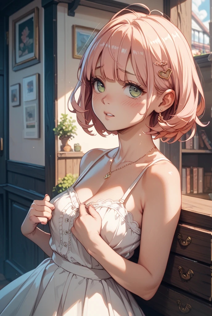 Angle from below, (Forcing a kiss: 2.3), (Wearing a sweatshirt with big breasts: 1.8), (On bed: 2.0), (Wearing an oversized sweatshirt: 1.7), Looking at the camera, Sunrise, Smile, (Brown eyeballs: 1.5), 25 years old, 8 heads, Masterpiece, (Beautiful pink hair: 1.6), (Medium short cut hair, Sleeping, : 1.9), High quality, high resolution, big breasts, left and right well-balanced, 4K, anime atmosphere, anime style 4K, anime aesthetics, cute and realistic portraits, detailed digital anime art, beautiful realistic anime portraits, realistic anime style 4k, detailed portraits of realistic anime girls, anime style portraits, anime realism style, Cute anime girl portrait, digital anime illustration