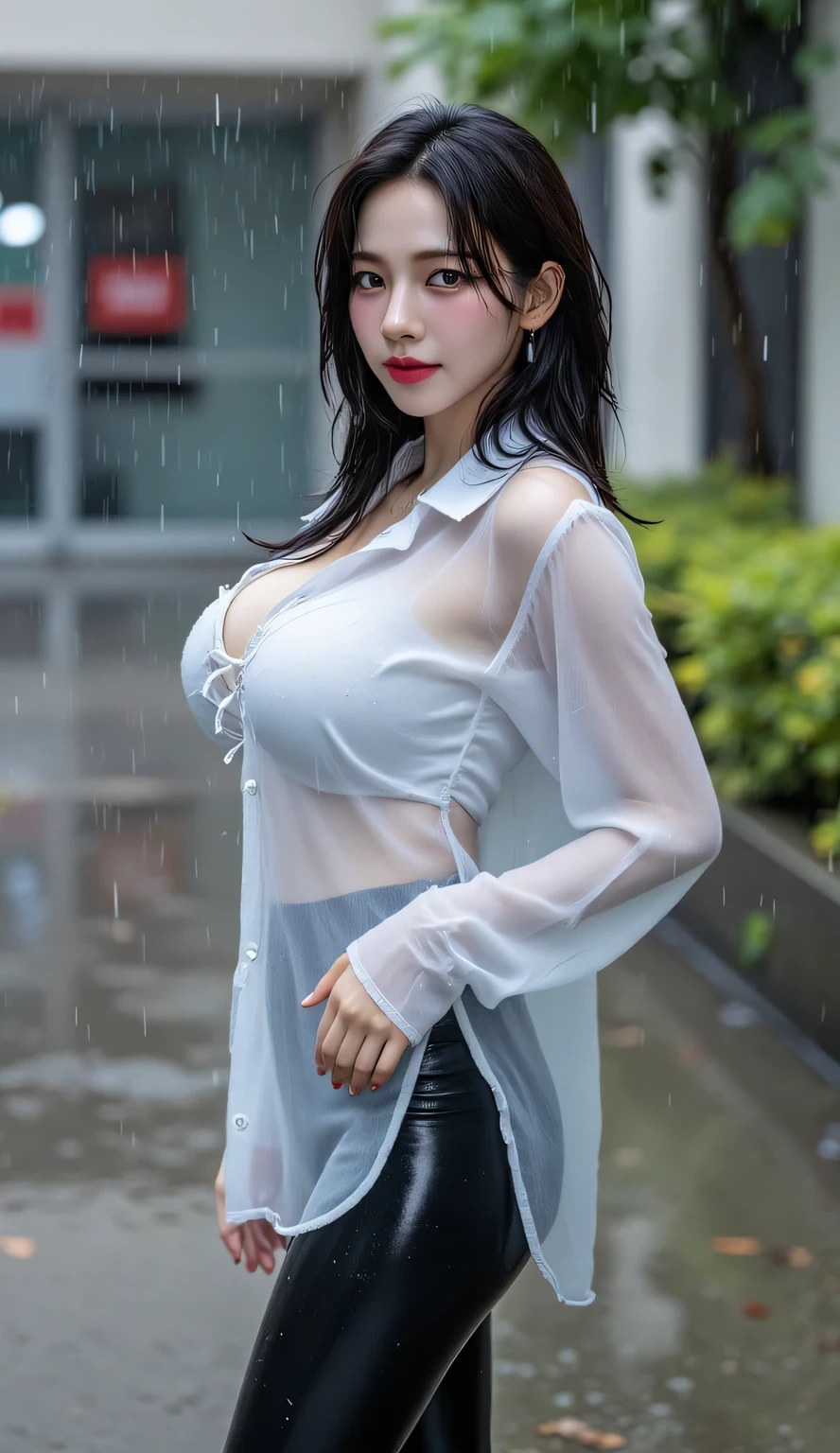 (RAW shooting, realistic:1.5, 8K, best quality, masterpiece, ultra high resolution), Complete dynamic configuration:1.2, modern city street corner at night, be heartbroken:0.5, (((typhoon heavy rain))), Highly detailed skin and face textures:1.2, Slender office lady getting wet in the rain:1.3, fair skin:1.2, sexy beauty:1.1, perfect style:1.2, beautifully、aesthetic:1.1, very beautiful face:1.2, water droplets on skin, (rain falls on my body:1.2, wet body:1.2, wet hair:1.3, wet tight skirt:1.2, wet OL uniform:1.3), belt, (middle chest, bra is transparent, chest gap), (cry, expression of sadness, Facial expression when feeling intense caress, Facial expression when you're in a good mood), (beautiful blue eyes, beautiful erotic eyes:0.8), (so erotic:0.9, attractive:0.9), cowboy shot, shoulder bag, necklace, earring, bracelet, clock