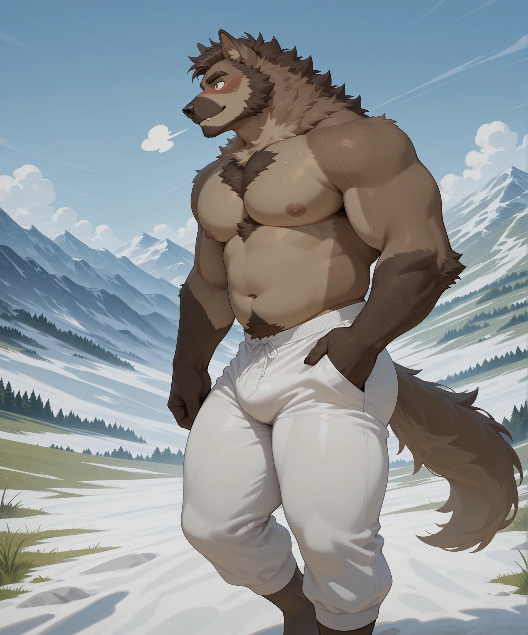 Semi-anthro werewolf handsome,beautiful face,big body,masculine werewolf,big male,unusual poses,balls,sheath knot,big sheath,pubes,big pecs,muscular male,larger tail,nipples,beautiful background,thick legs, big legs, solo,(art by tenaflux, tenaflux style), explicit art, hyper realistic,digital artwork, , beautiful artwork,
