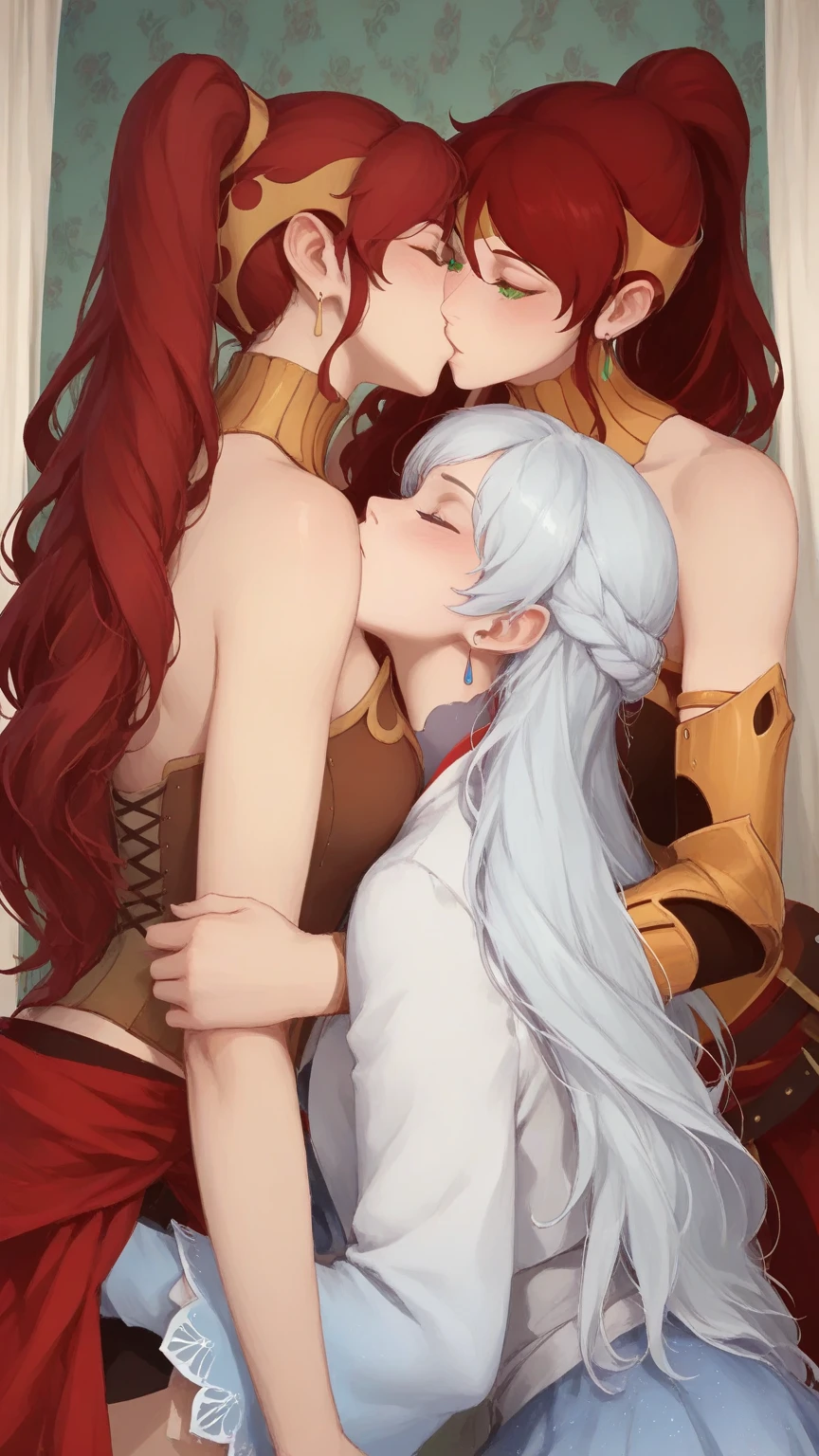 {{{restrained}}}, Three Water Dancers(femele)Marble statue of、red hairs、Silver hair、Dark hair、Long well-proportioned limbs、(barechested:1.4)、Plain black background、spot light、highcontrast、masterpiece、top-quality、Top image quality、cinematlic lighting、photoRealstic