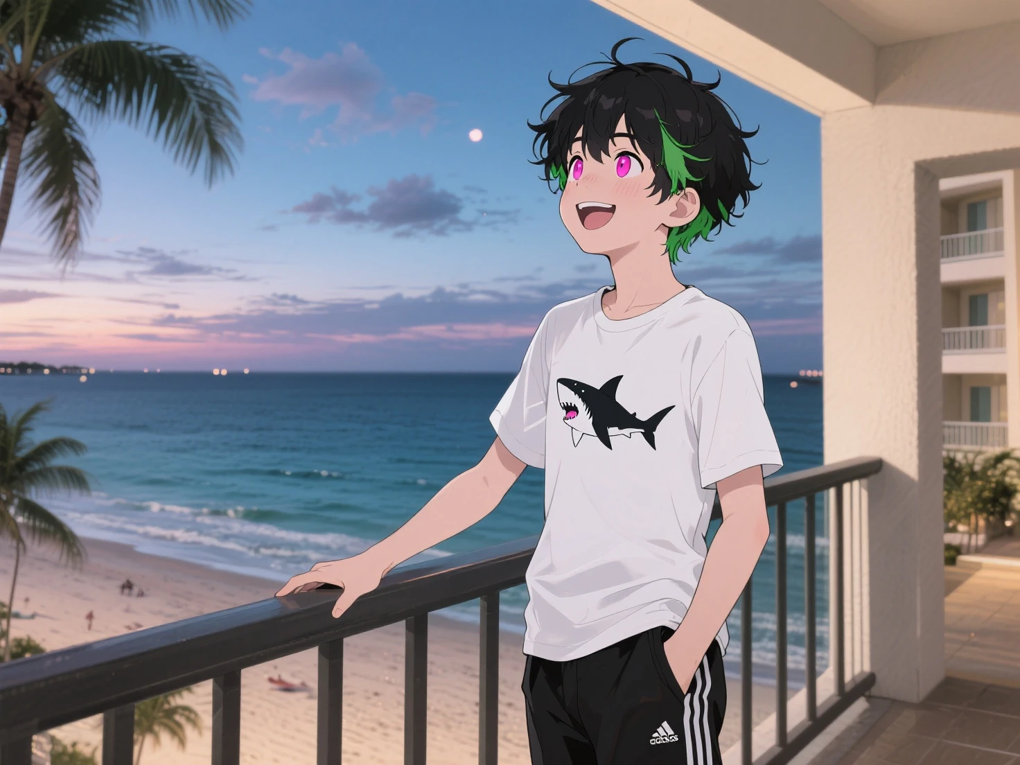 illustration, white teenager, black and wavy hair, and a white streak, with a silver sword, wearing an orange T-shirt with a black pegasus print, Written "Camp Half-Blood" on the edge of a beach ready to fight