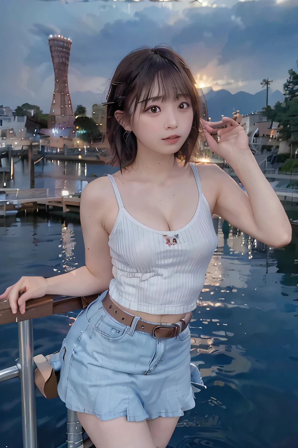 8k, raw photo, best quality, hires, realistic, photorealistic, extremely detailed 8k wallpaper, beautifully detailed eyes, finely detailed face,
 BREAK 
rim lighting to curves, bokeh,
 BREAK 
perfectly anatomically correct:1.2,
5 beautiful thin fingers:1.2,
 BREAK 
(vertical porttower arches elegantly the scene:1.2), kaiyomuseum,
porttower's illumination is soft lights, vivid reflection on the rippling surface of the harbour below,
(the summer sky with cumulonimbus-clouds above is painted in subtle gradients of dusky blue and orange:1.2),
as the gentle interplay of light on water creates a mesmerizing dance of colors,
a series of stainless deck on the left side line are adding depth to the foreground the water's edge,
the scene exudes a calm and reflectives mood,
 BREAK 
1 female,
kawaii, short bob cut, [cute anime face],
looking back viewer,
short checked skirt:1.2, fabric straining tightly over gentle plump curves,
tight elastic belt emphasizing a defined silhouette,
(curvy hip silhouette with ideal ellipse shape:1.0, softly rounded lower flesh:1.0),
sheer fabric polo shirt,
[symmetrical face line, stereoscopic projection of face],
symmetrical clear eyes, [chocolate color eyes with sparkling highlights],
wide-set eyes, tareme, [[gentle narrow eyes, moderate eye bags, double eyelids, reverse banana-shaped round eyes]],
small round face, [blush, embarrassed, healthy skin color], [[rounded jaw, heavy lips, small nose, [oval-shaped face, chiseled face]]],
brushing flowing hair,
 BREAK 
dynamic low-angle shot from behind:1.3,
(matching lighting with scenery, warm ambient highlights on curves, seamless integration with waterfront ambiance)