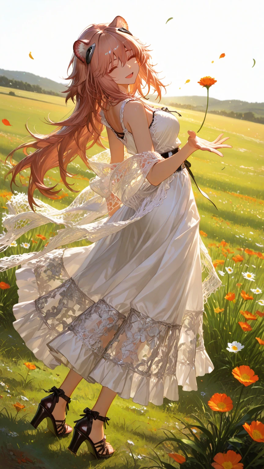  1girl, Gravel_Arknights , High-altitude grasslands covered with lush grasses and flowers , The wind is blowing under the summer sun , mesh shawl , Total lace tiered sleeveless casual blouse , Layered tiered casual long skirt made of chiffon fabric , Thick-soled sandals with thick heels and cross straps , slightly smile , looking at viewer , skirt flare in breeze , looking back , reaching , close eyes , open mouth , natural makeup ,  pose , 
break , 
( ambient occlusion:0.9 ) , masterpiece , best quality , ultra-detailed , high resolution , extremely detailed CG , unity 8k wallpaper , super detailed skin , perfect  , detailed beautiful face , detailed beautiful eyes , highres , chiaroscuro , highly detailed background , elaborately designed clothes , dramatic lighting  , full body , from side , dramatic angle , light particles , ARW ,  