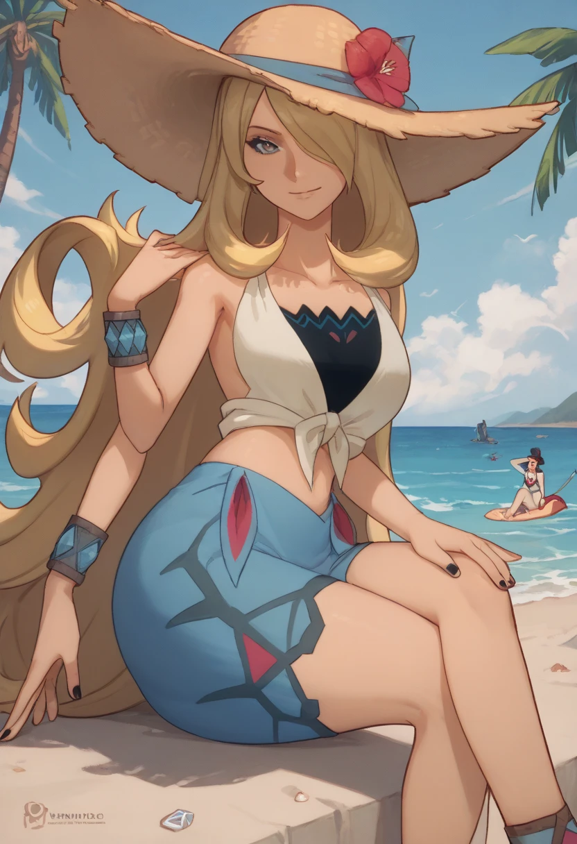 elf with a hairy covering tits and towell covering her on her back on the beach with long yellow hair, beautiful landscape
