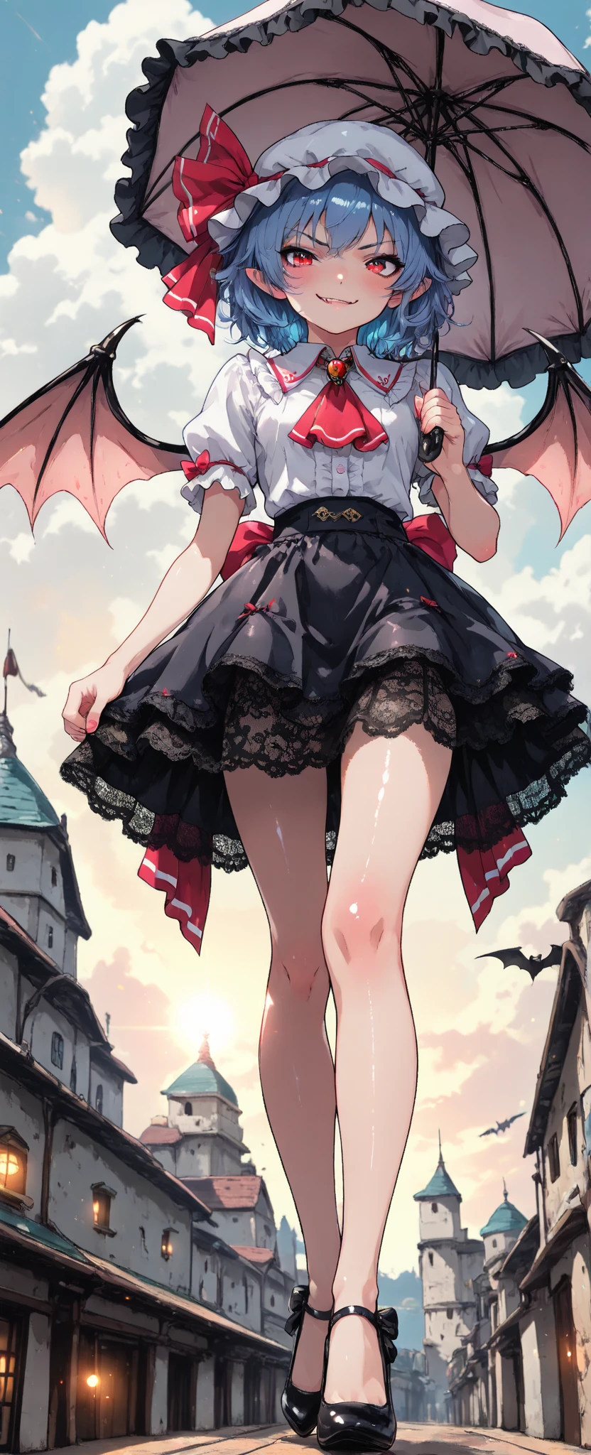 (zzRemilia, smirk, red eyes, blue hair, short hair, hat, ribbon, wings, ascot, hat ribbon, bat wings, short sleeves, frills, puffy sleeves, Lace skirt, (full body:1.2), Shiny skin,hud_v4nspose, pumps), from below, outdoors, mini Parasol, cafe teras,  wood ceiling,antigel, sunshine, old castle, Sunny
