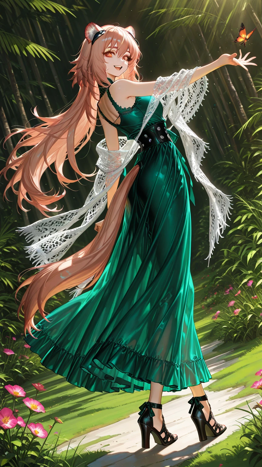  1girl, Gravel_Arknights , High-altitude grasslands covered with lush grasses and flowers , The wind is blowing under the summer sun , mesh shawl , Total lace tiered sleeveless casual blouse , Layered tiered casual long skirt made of chiffon fabric , Thick-soled sandals with thick heels and cross straps , slightly smile , looking at viewer , skirt flare in breeze , looking back , reaching , close eyes , open mouth , natural makeup ,  pose , 
break , 
( ambient occlusion:0.9 ) , masterpiece , best quality , ultra-detailed , high resolution , extremely detailed CG , unity 8k wallpaper , super detailed skin , perfect  , detailed beautiful face , detailed beautiful eyes , highres , chiaroscuro , highly detailed background , elaborately designed clothes , dramatic lighting  , full body , from side , dramatic angle , light particles , ARW ,  