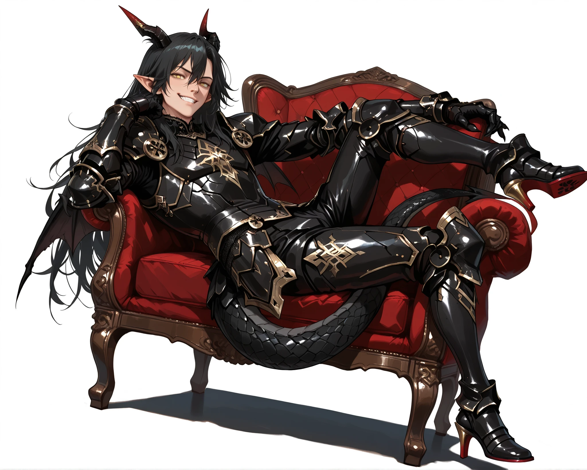 score_9, score_8_up, score_7_up, absurdres, (((128K Ultra High Resolution))), (masterpiece, best quality: 1. 5), (high definition: 1, 4), (highres), 8K wallpaper, (excellent graphics: 1. 5), CG, (((Japanese Anime style))), (1 male), solo, ((lean body, masculine)), weredragon, glossy black, shiny black leather, ((beautiful golden eyes, finely detailed eyes, bright eyes, slit pupils)), hair between eyes, black hair, long hair, sideburns, wild hair, (sly grin, sinister grin, smirk), teeth, confident, ((ultra detailed face)), shiny skin, long pointy ears, twisted torso, long-legged, sculpted face, wasp waist, dragon horn, dragon tail, dragon wings, dragon sharp claws, (black armor with a lot of grandiose decorations: 1. 5), half dragon half human, (sit cross-legged, closed legs, sit sideways, luxury antique red plush velvet chair: 1. 5), (dramatic angle, dynamic pose: 1. 5), (ultra detailed black armor, well-polished black armor: 1. 5), (gold-adorned armor: 1. 5), all black outfit, full body, emphasize face, sharp focus, good-looking man, (best illustration, highly detailed artwork: 1. 5), (cinematic), dramatic lighting, (intricate detail, extreme detailed, super detailed: 1. 5), chiseled features, (stark contrast, heavy shadows: 1. 3), detailed black decorations, beautiful & aesthetic, photoreal, (from side), (mysteriously crafted black metal armor: 1. 5), thick & luxuriant hair, (ultra detailed fantasy black armor, wonderful black armor: 1. 5), (realistic metal texture), broad shoulder, true-to-life visuals, artistically refined, (extremely delicate & beautiful armor, elaborate armor details: 1. 5), (giant black armor, dark armor, stylized armor: 1, 5), (((armor-type high heels))), (extremely detailed armor with intricate engravings, intricate armor with gold ornaments: 1. 5), ((very gorgeous and dazzling)), (dark fantasy black knight: 1. 5), slim waistlines, wide chested, sinewy body, (Hyper Detailed & Perfectly Designed Black Armor: 1. 5), (simple white background)