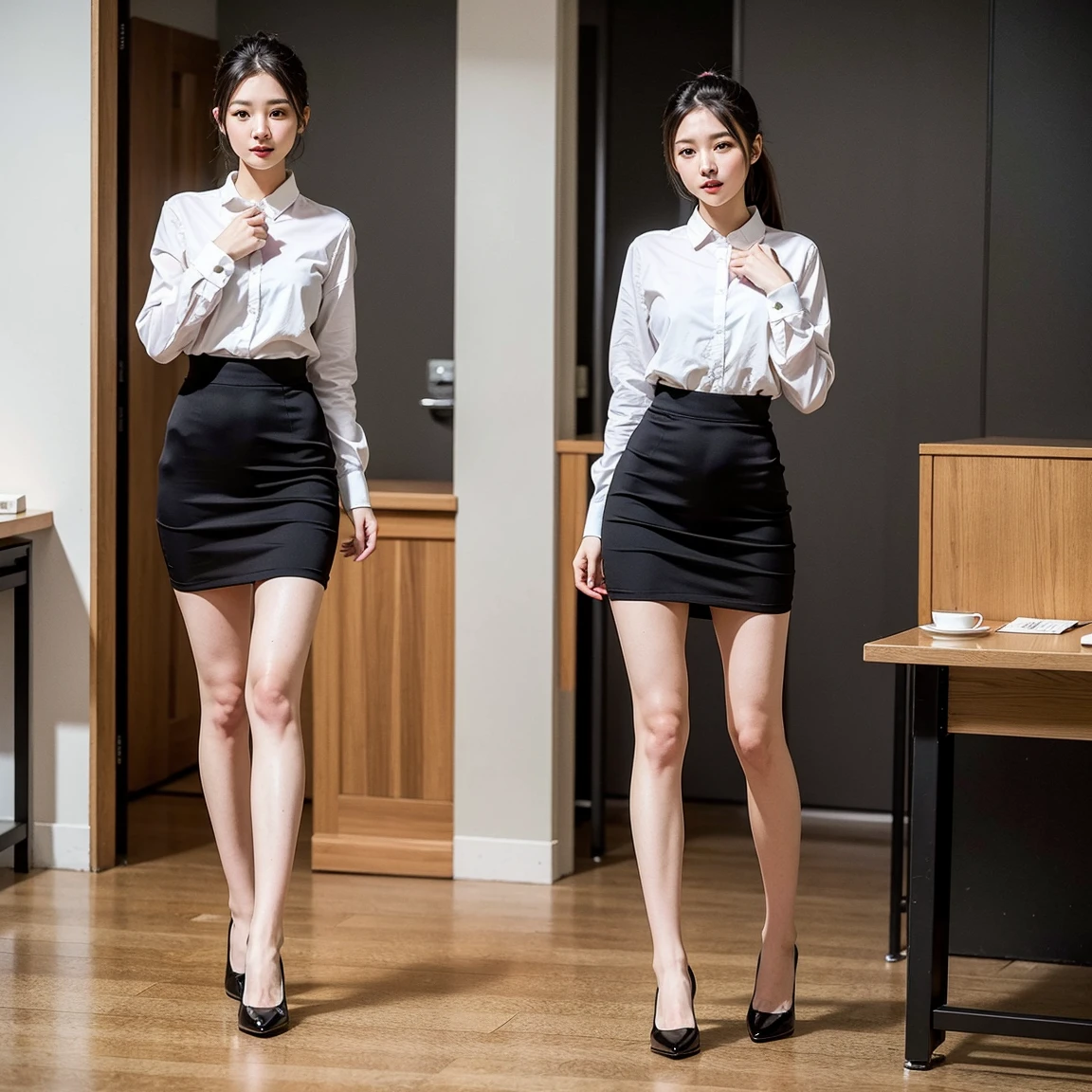 full body, big breasts, wide hip, cute, (((liftup skirt:1.5))), class room,
(masterpiece:1.4), best quality, ultra high res, (photo realistic:1.4), detailed beautiful face, octane render, (hyperrealistic:1.2), school uniform, happy, smile, blush, white shirt, deep skin, cameltoe, wedgie, no bura, nipples, white panties, pony tail,