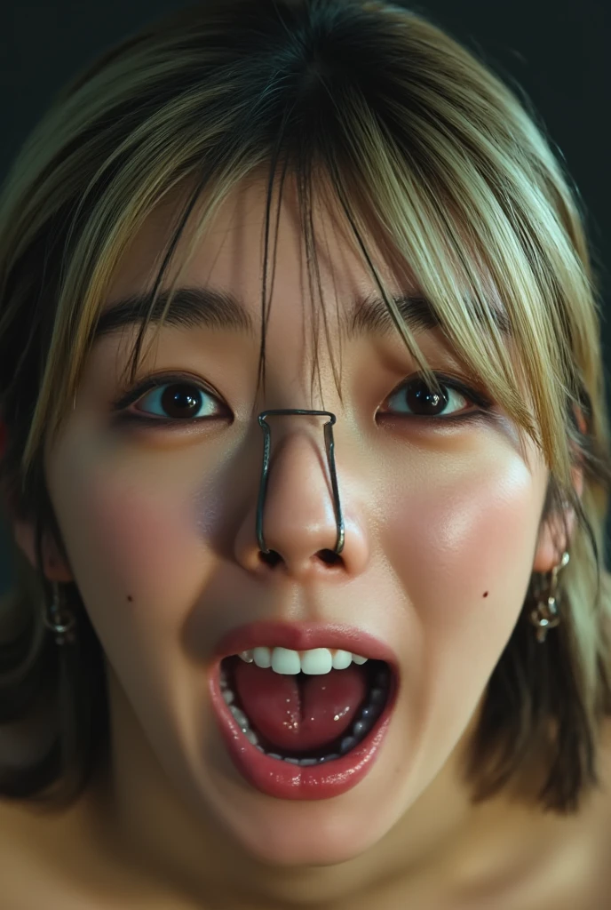 Tabletop,Awards - Winning Photos,Very detailed,Face close-up,Keep your eyes focused,Nose and mouth,Face Focus,Woman with open mouth and closed eyes,Face Focusの接写,Age 35,Short blonde bob,Messy Hair,Shaggy,Sailor suit,Symmetrical face,Realistic nostrils,Angle from below,Elongated C-shaped nostrils,Sweaty skin,Skin shiny with sweatを強調する照明,((Sharp Nose))Skin shiny with sweat,Shiny skin,Big eyes,double eyelid,(My tongue is wet and shiny), ((Wet tongue)),((Berokisu))garden,In front of the mimosa flowers,Bandage on right hand,classroom,There are many students around,