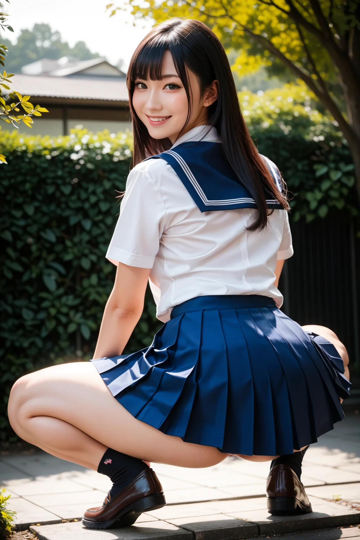 (highest quality,8k,High resolution:1.2),(Beautiful and realistic Japanese:1.6)、(Cute Japanese Girl:1.4),(Huge breasts:1.25),(Attractive body),(school uniform,bra,Pleated skirt,Sailor collar,White shirt:1.2)、(Exposing her ass、Big Ass)、17 years old、Professional、(Woman in love、The joy of loving、agitate)、Happy、National park、forest、sun、gravure、