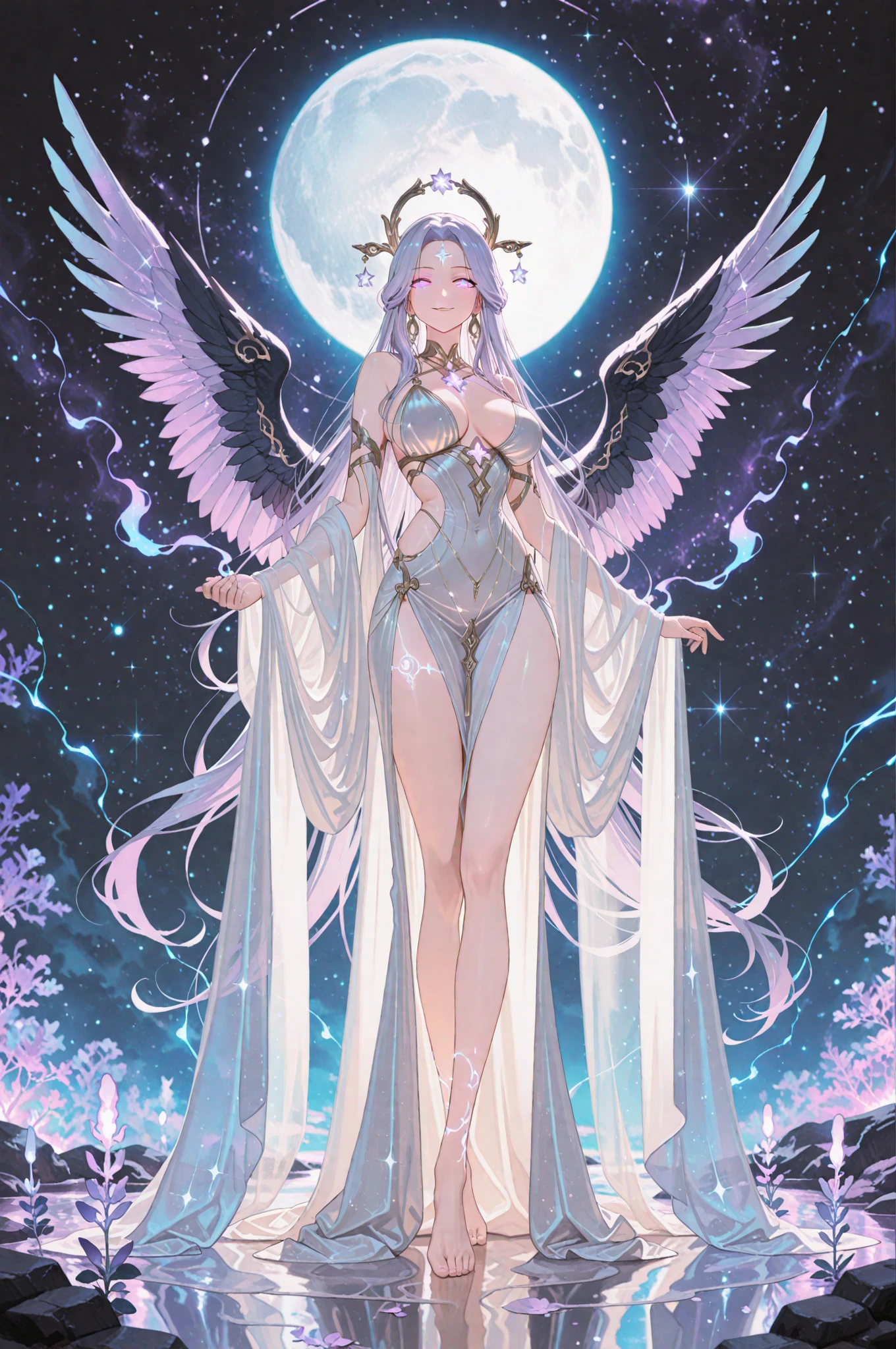 ((best quality)), ((masterpiece)), (detailed), 1girl elvish, jk, full body,wet,white skin,golden eyes, happy and smiling, Long hair loose in the wind, silver hair,medium breasts, kaleidoscope background image with soft colors, pink tones,8k,Need,masterpiece.