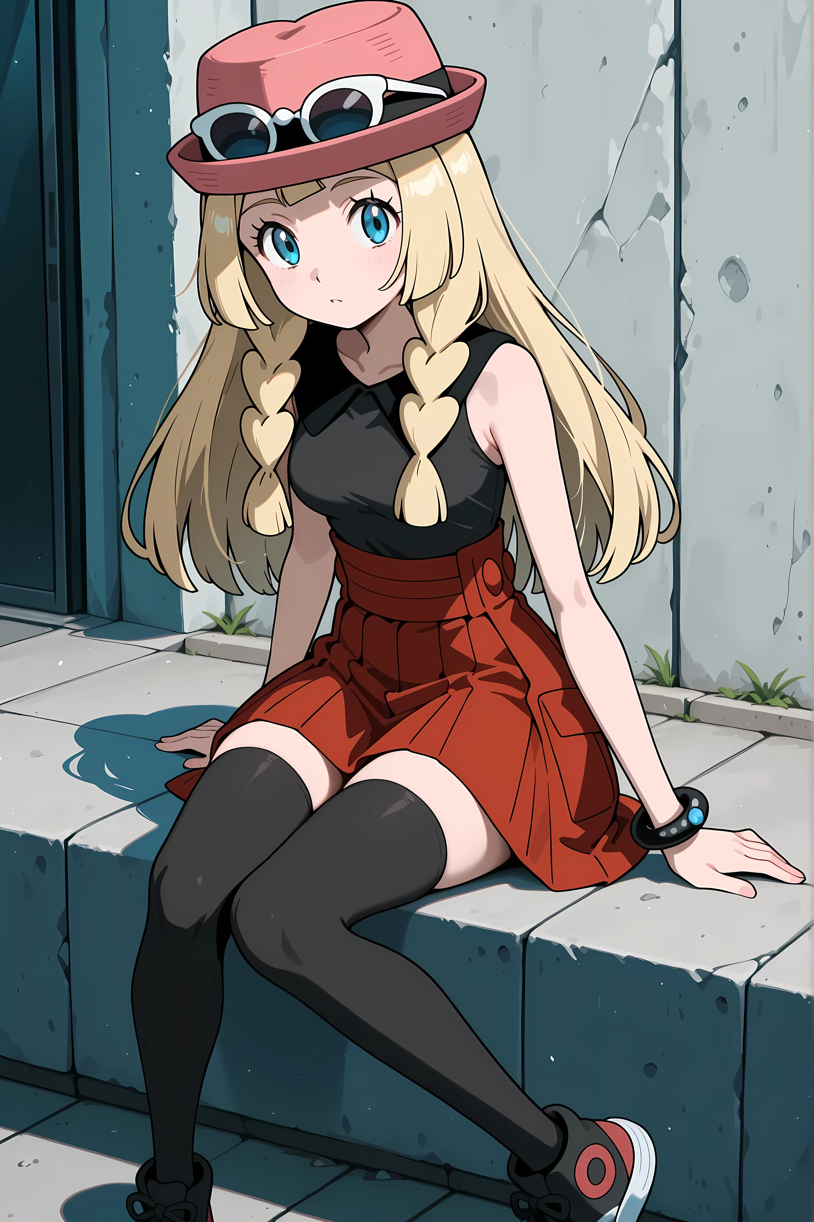 Lillie, blonde hair, long hair, blue eyes, sitting. Dressed as Serena, sleeveless shirt, sleeveless black shirt, bracelet, high-waist skirt, red skirt, black thighhighs, sunglasses, pink hat, black sneakers.