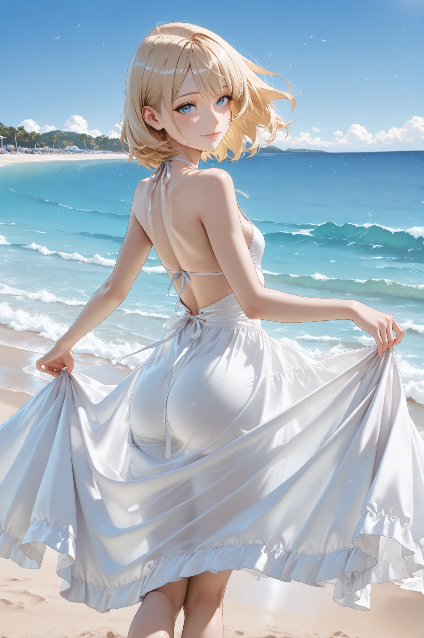 masterpiece, ultra-detailed, illustration, game cg, best quality, highres, kitagawa marin, 1girl, blonde hair, swept bangs, gradient hair, red eyes, glossy lips, (upset), large breasts, beach, (quicksand:1.3), strapless wedding dress, partially submerged, (skirt spread over the sand), standing, jewelry, necklace