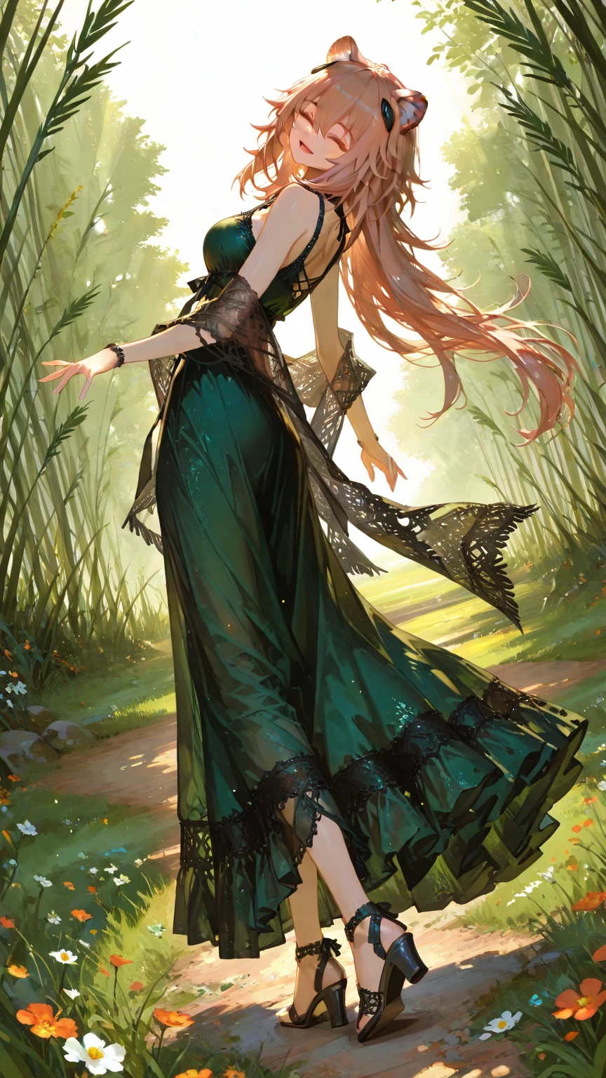  1girl, Gravel_Arknights , High-altitude grasslands covered with lush grasses and flowers , The wind is blowing under the summer sun , mesh shawl , Total lace tiered sleeveless casual blouse , Layered tiered casual long skirt made of chiffon fabric , Thick-soled sandals with thick heels and cross straps , slightly smile , looking at viewer , skirt flare in breeze , looking back , reaching , close eyes , open mouth , natural makeup ,  pose , 
break , 
( ambient occlusion:0.9 ) , masterpiece , best quality , ultra-detailed , high resolution , extremely detailed CG , unity 8k wallpaper , super detailed skin , perfect  , detailed beautiful face , detailed beautiful eyes , highres , chiaroscuro , highly detailed background , elaborately designed clothes , dramatic lighting  , full body , from side , dramatic angle , light particles , ARW ,  