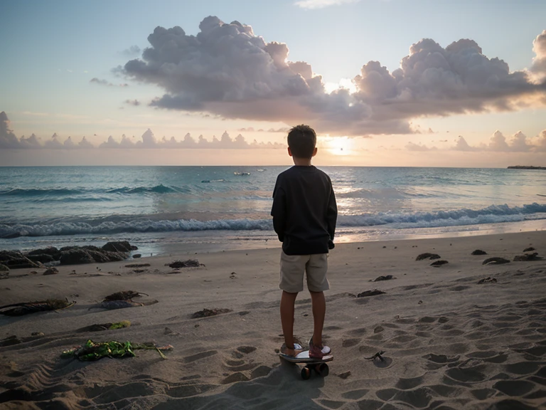 illustration of a kid at the sea in a place with a dog
