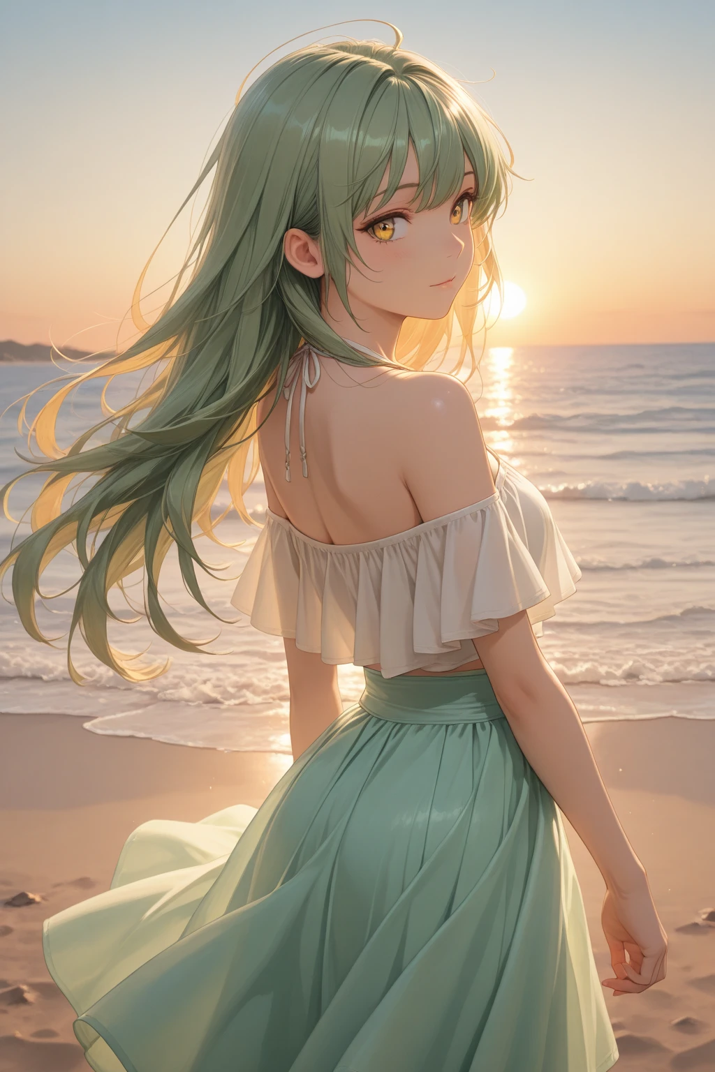A 25 year old Japanese slender lady who is wearing a green sundress and a black mask, ponytail (( short length)) hair and silver ((streaked hair))highlights hair, wearing white cardigan and a gray shirt, indigo damaged jeans , looks really calming and beautiful and cool, at a beach in midnight, spreading her left arms forward, a bit windy scene, passionate and cheerful smiling under the moonlight, looking back pose
