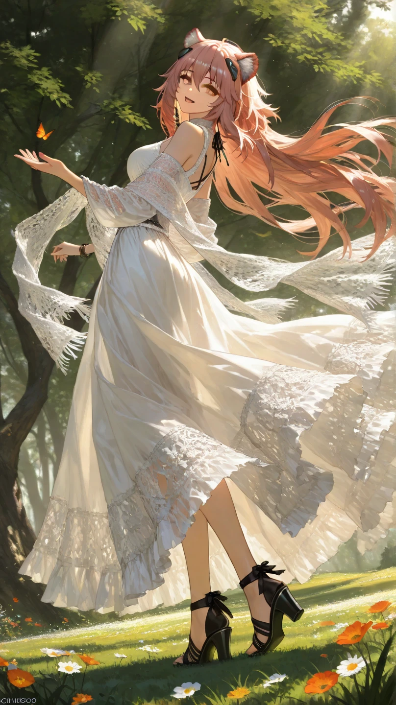 1girl, Gravel_Arknights , High-altitude grasslands covered with lush grasses and flowers , The wind is blowing under the summer sun , mesh shawl , Total lace tiered sleeveless casual blouse , Layered tiered casual long skirt made of chiffon fabric , Thick-soled sandals with thick heels and cross straps , slightly smile , looking at viewer , skirt flare in breeze , looking back , reaching , close eyes , open mouth , natural makeup ,  pose , 
break , 
( ambient occlusion:0.9 ) , masterpiece , best quality , ultra-detailed , high resolution , extremely detailed CG , unity 8k wallpaper , super detailed skin , perfect  , detailed beautiful face , detailed beautiful eyes , highres , chiaroscuro , highly detailed background , elaborately designed clothes , dramatic lighting  , full body , from side , dramatic angle , light particles , ARW ,  