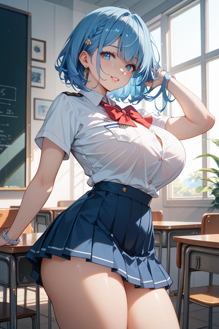 [1girl, hishi miracle \(umamusume\), umamusume], (throw_hand, pink vibrator remote switch in throw_hand, throw:1.2), Highest quality, Super detailed, masterpiece, Ultra-high resolution, 8K, Ridiculous, Cowboy Shooting, Blurred, One girl, Focus on the girl, Embarrassing, blush, Lovely, Close one eye, With tears in her eyes and her mouth open, What saliva leaves behind, Wet skirt hem, (Sticky panties:1.1), Bulging of the vibrator cord, Vibrator with Garters, (cleavage), Classroom Background, The skirt is accidentally exposed,(large breasts), (crop top navel), (waist line), Accidentally exposed panties