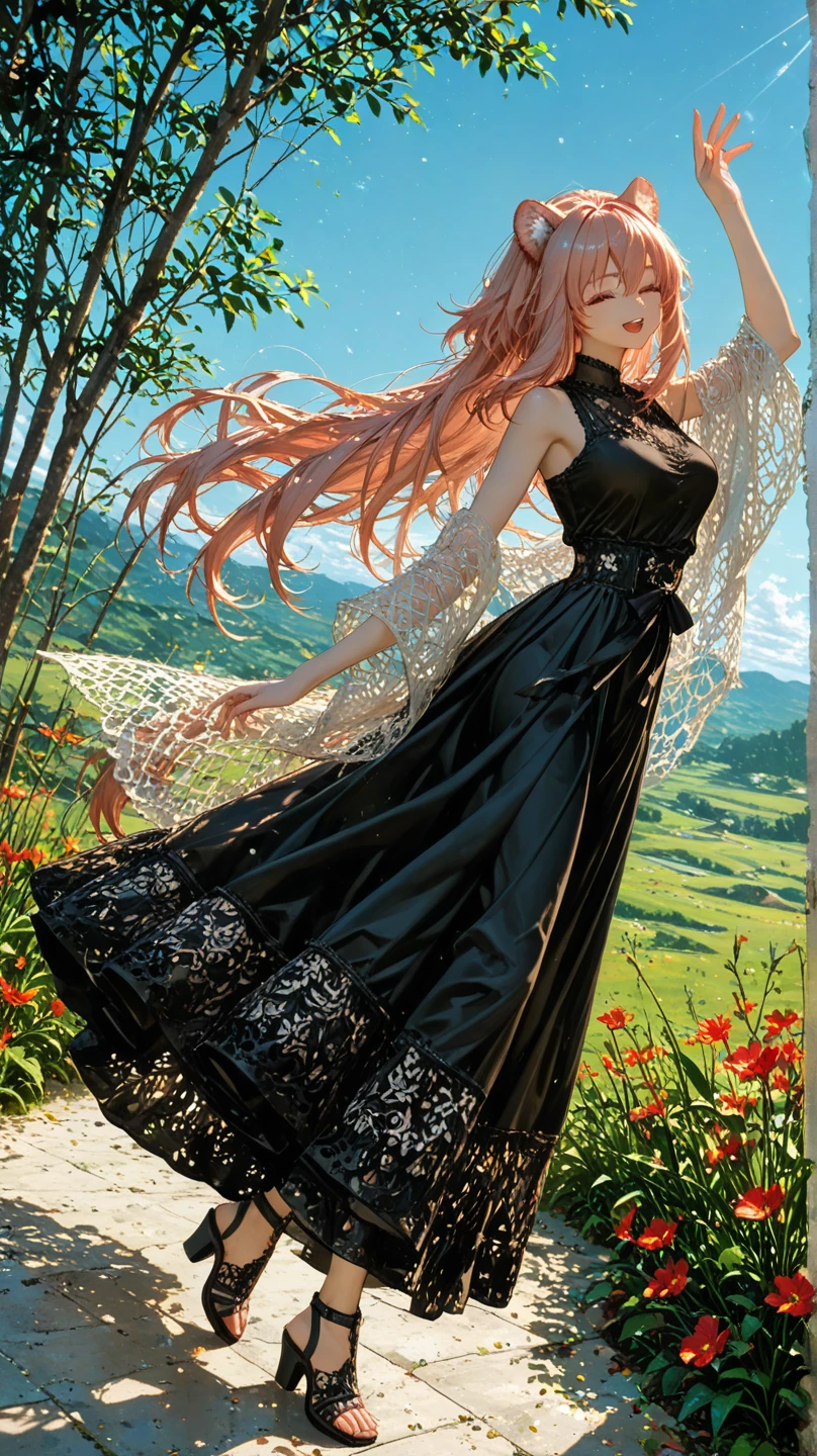  1girl, Gravel_Arknights , High-altitude grasslands covered with lush grasses and flowers , The wind is blowing under the summer sun , mesh shawl , Total lace tiered sleeveless casual blouse , Layered tiered casual long skirt made of chiffon fabric , Thick-soled sandals with thick heels and cross straps , slightly smile , looking at viewer , skirt flare in breeze , looking back , reaching , close eyes , open mouth , natural makeup ,  pose , 
break , 
( ambient occlusion:0.9 ) , masterpiece , best quality , ultra-detailed , high resolution , extremely detailed CG , unity 8k wallpaper , super detailed skin , perfect  , detailed beautiful face , detailed beautiful eyes , highres , chiaroscuro , highly detailed background , elaborately designed clothes , dramatic lighting  , full body , from side , dramatic angle , light particles , ARW ,  